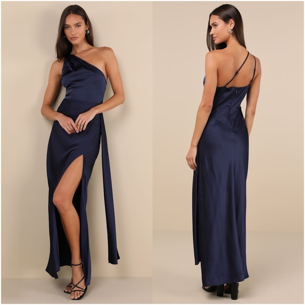 LULU’S Signature Elegance Navy Satin One-Shoulder Maxi Dress